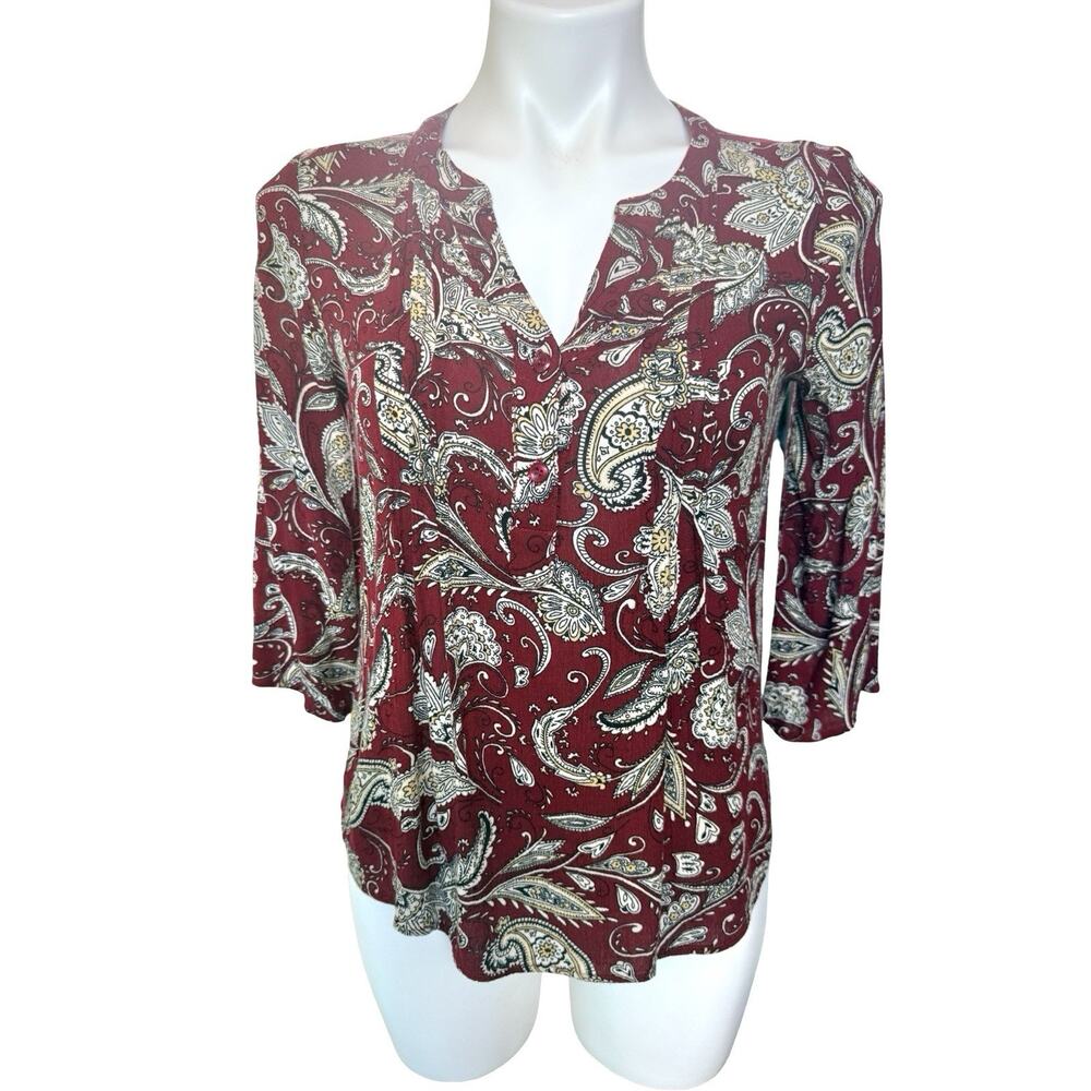 Boho Paisley Blouse Red Floral Top Lightweight Button Front XS